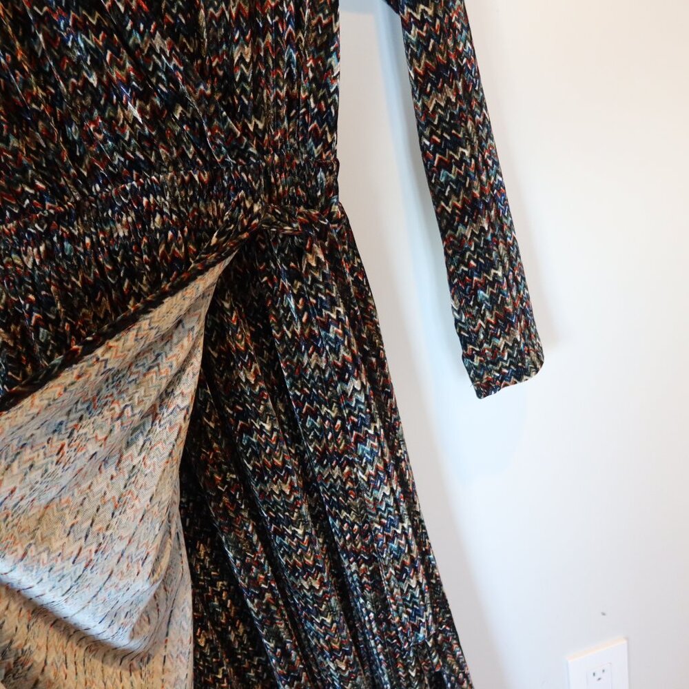 STRETCH VELVET VELOUR MAXI DRESS long faux wrap multicolor chevron print evening - Picture 9 of 11